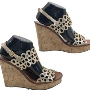 Tory Burch Nori Cork Wedge Sandal Gold Leather Uppers Womens Size 8.5